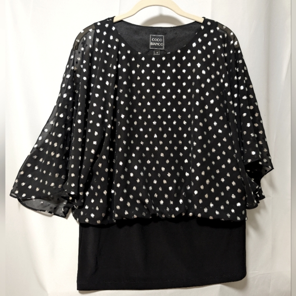Coco Bianco Metallic Black Stretch  Fitted w Draped Sheer Pullover Blouse, Top
